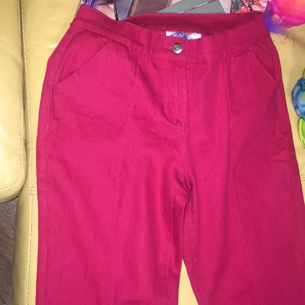 Red stretch denim trousers